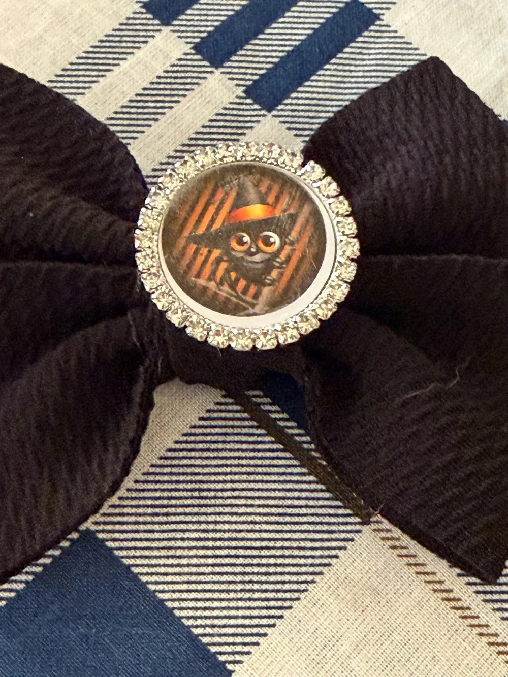Black Fabric Bow Pin with Rhinestone Owl Center